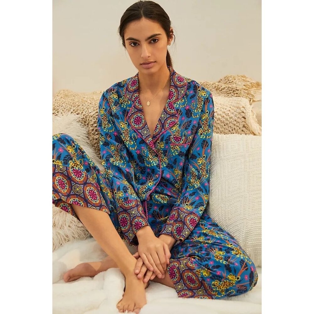 NWT Anthropologie Janine Lecour Fleurs 2 Piece Pajama Set Cheetah Leopar…